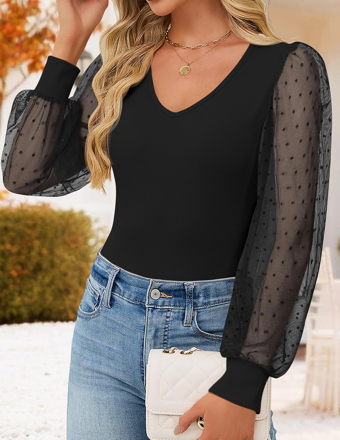 ZESICA Women's Mesh Puff Long Sleeve Shirts 2026 Spring Fall V Neck Ribbed Knit Sexy Going Out Tops Casual Work Blouse - Image 3