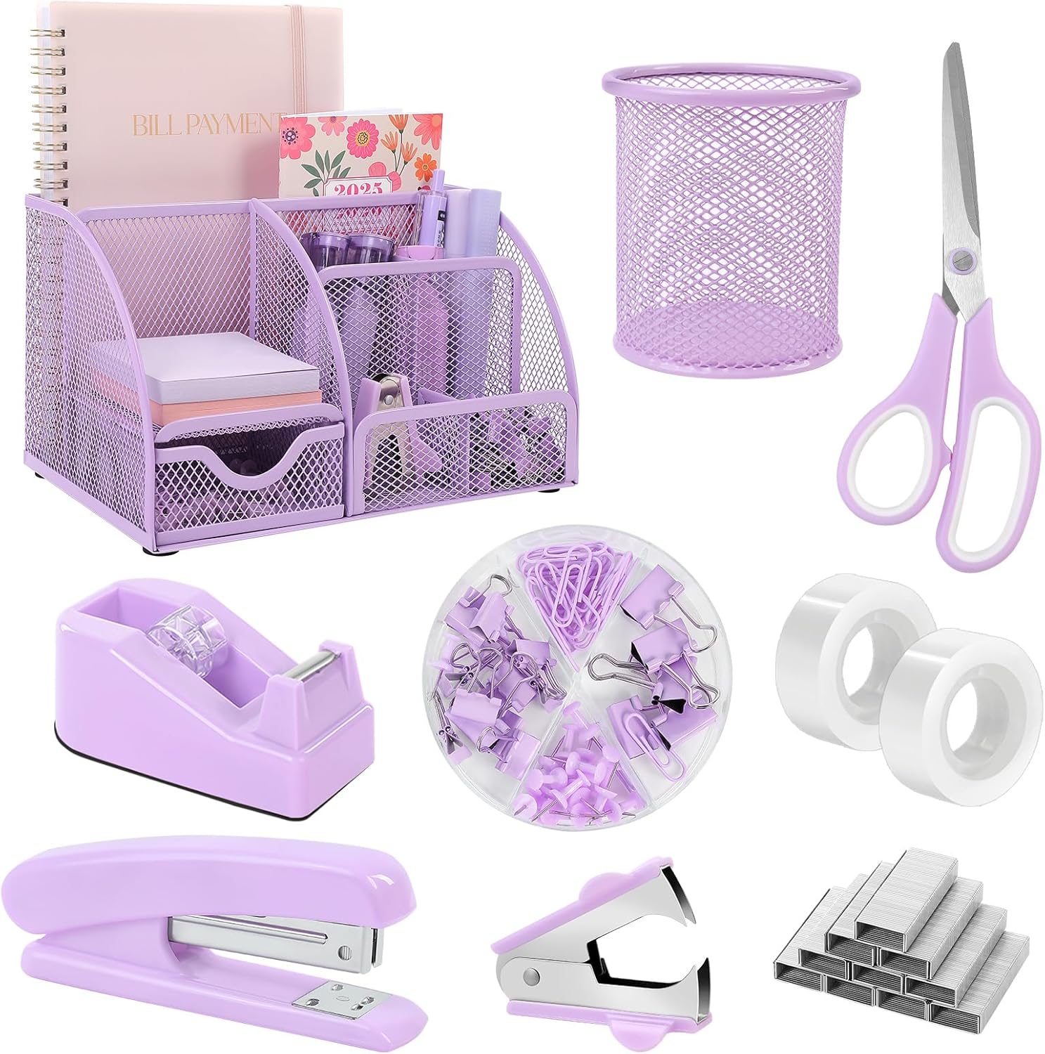 SKYDUE Purple Office Supplies, Purple Desk Organizer for Kids, Mesh Desk Organizer, Stapler, Tape Dispenser, Scissors, Binder/Paper Clips and 1000pcs Staples, Girls Desk Accessories