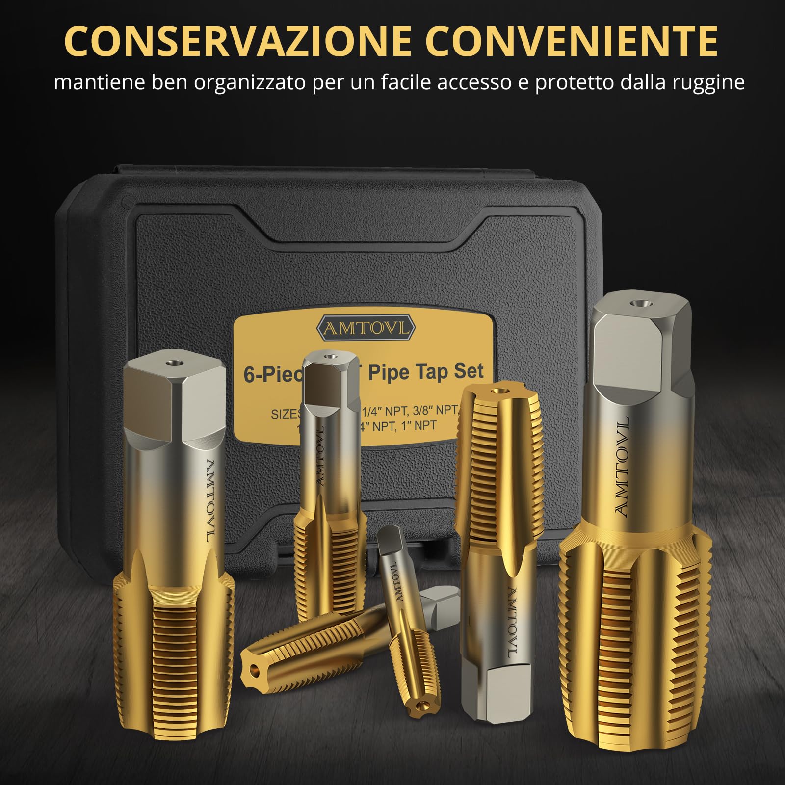AMTOVL 6 PZ Set di Rubinetti per Tubi NPT Kit di Strumenti Idraulici per Filettatura in Acciaio al Carbonio da 1/8", 1/4", 3/8", 1/2", 3/4", 1" per idraulici pulire e rifilare filettature danneggiate