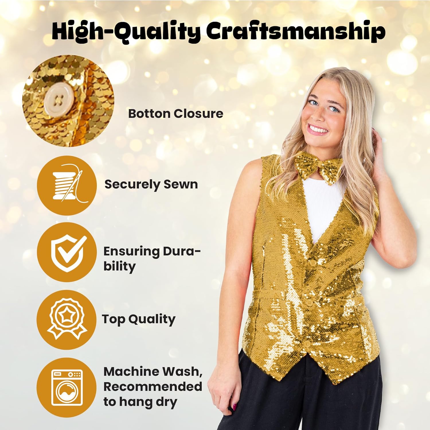 Dress Up America Sequin Vest with Bowtie - Sparkly Vest for Men - Costume Party Vest for Adults - Men Sequin Vest (Silver) - Image 4