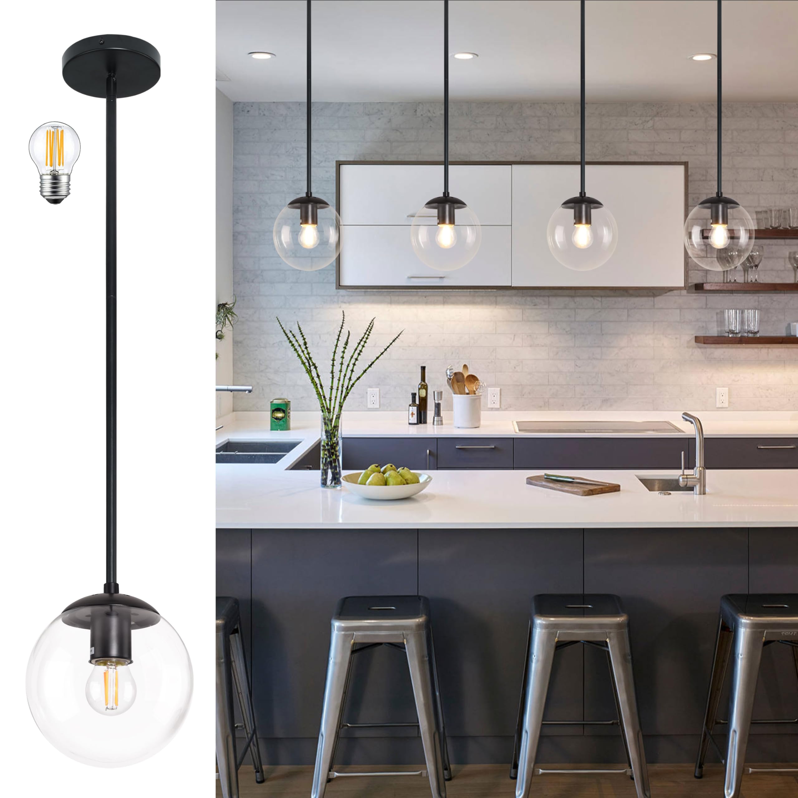 Bagood 6 Inch Globe Pendant Light Black Mid Century Pendant Light Clear Glass Pendant Lights Kitchen Island Mid Century Adjustable Hanging Farmhouse