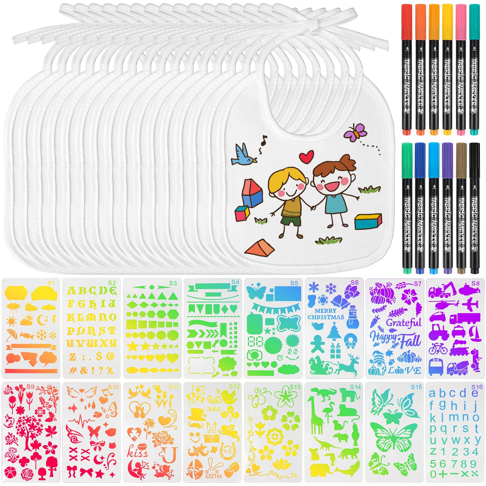 16 baberos para pintar, baberos blancos con 16 plantillas y 12 lápices textiles, impermeables, 100% algodón, pañuelo para el cuello para baby shower, juegos para niños y niñas
