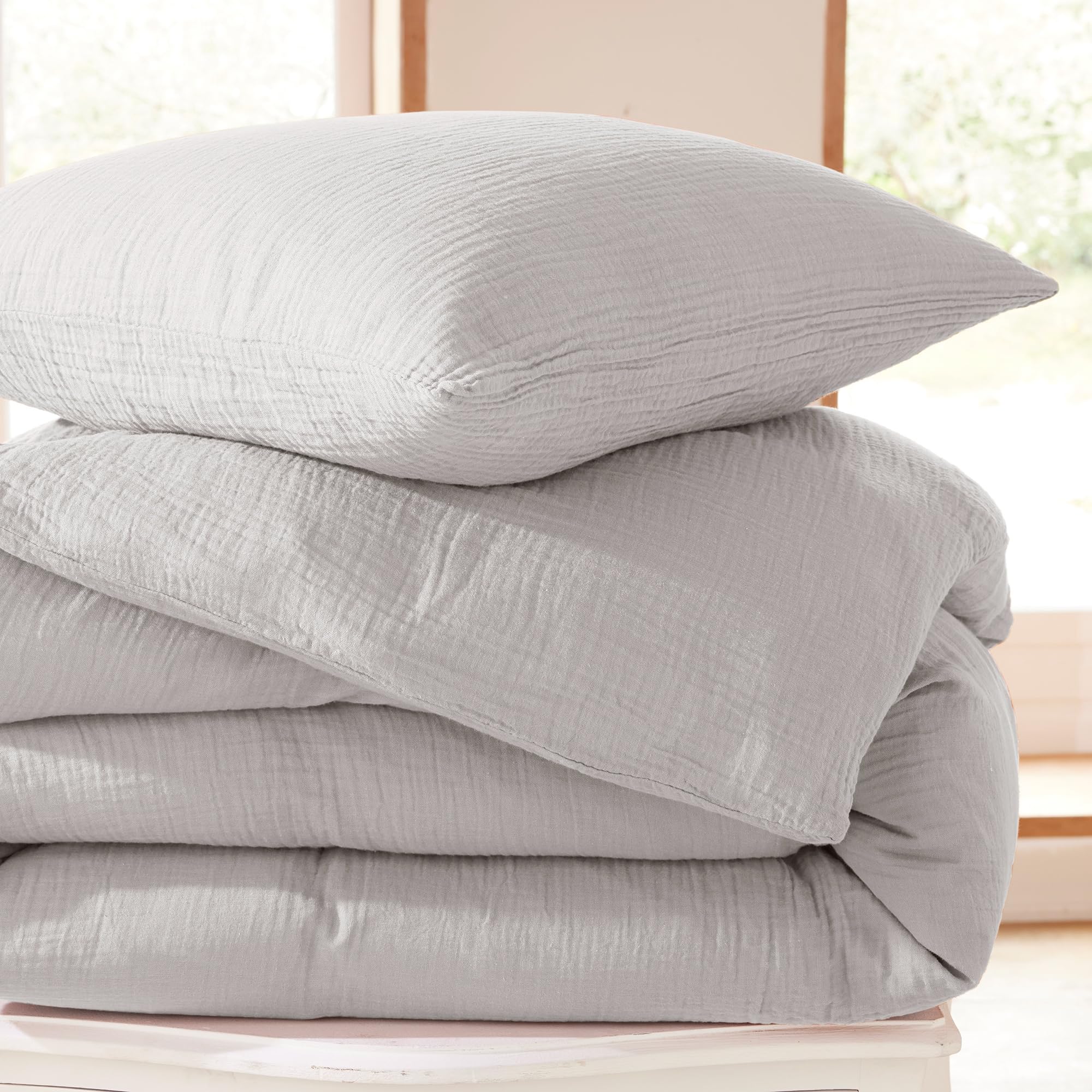 univers decor Parure de Couette Gaze de Coton 240 x 220 pour lit 2 Places 140 à 160 cm (Perle)