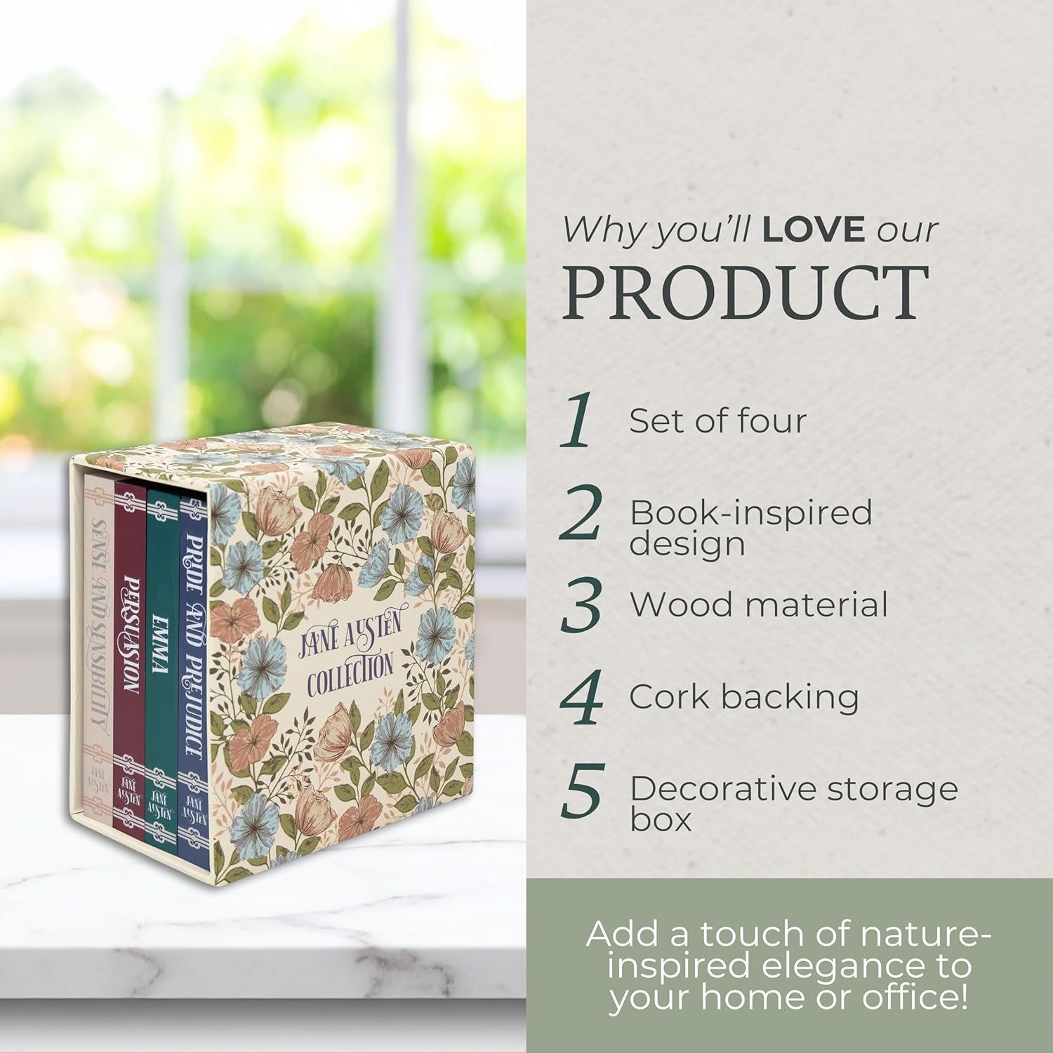 Steel Mill & Co Book Coaster Set of 4, Classic Wood & Cork Drink Coasters with Decorative Paper-Wrapped Storage Box for Aesthetic Coffee Table Decor for Book Lovers (Jane Austen)