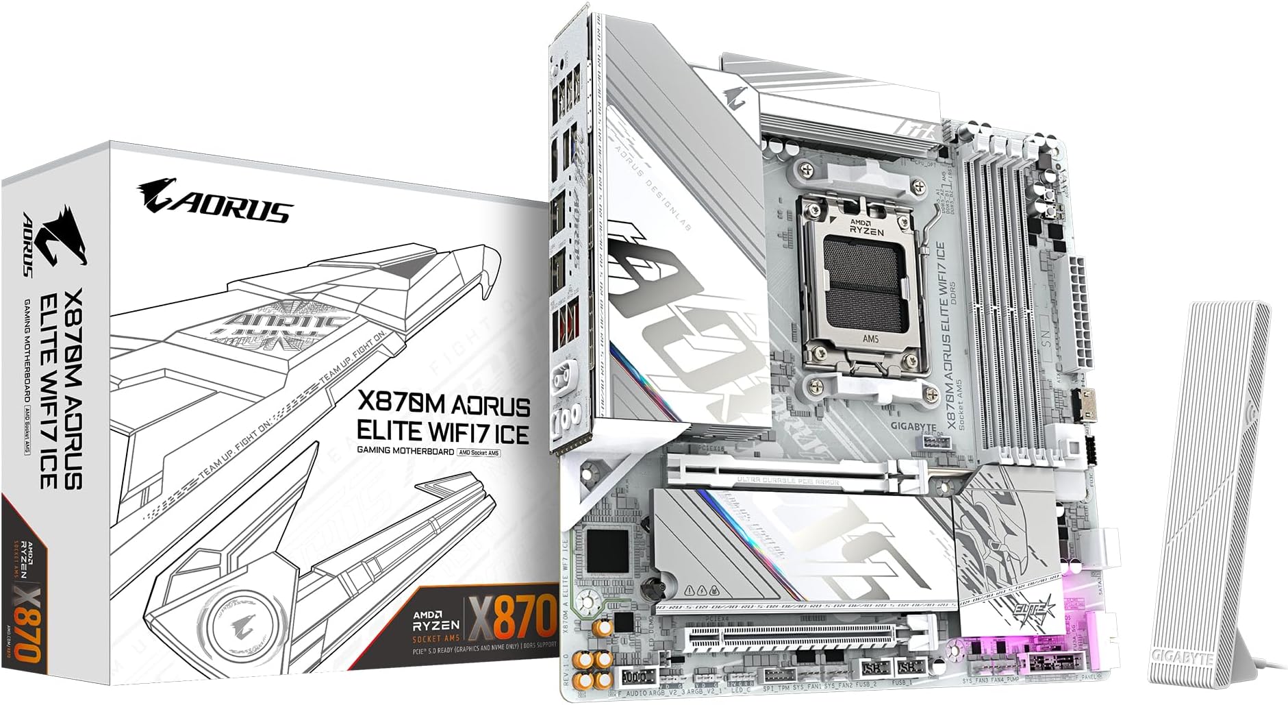 GIGABYTE X870M AORUS ELITE WIFI7 ICE Motherboard - Supports AMD Ryzen 9000 CPUs, 14+2+2 Phases Digital VRM, up to 8200Hz DDR5 (O.C), 1xPCIe 5.0 + 1xPCIe 4.0, Wi-Fi 7, 2.5 GbE LAN, USB 4