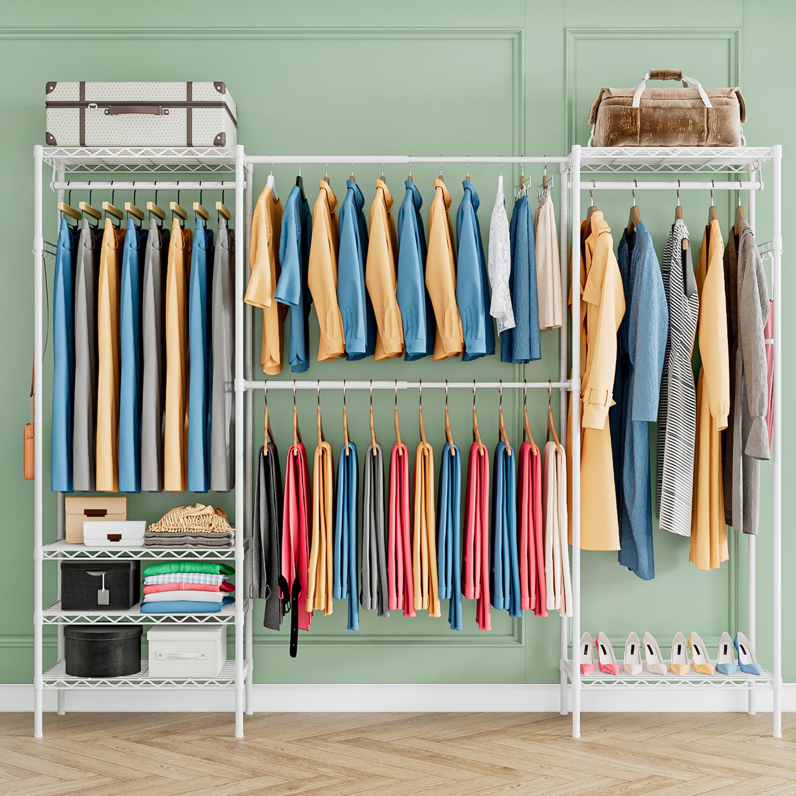 Erweiterbar Kleiderständer,Kleiderstange,(70.2-88.2”) Lx13.9”Wx71.2”H Schwerlast Kleiderständer Metall Garderobenständer Kleiderbügel Kleiderschrank mit Haken (Weiß)