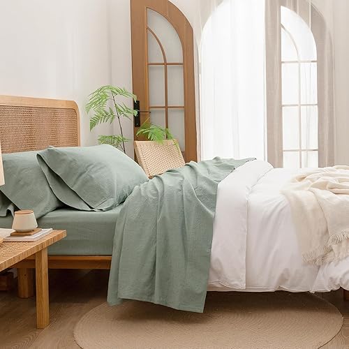 BESTOUCH Juego de sábanas 100% algodón lavado, tacto súper suave, cómodo, elegante, ligero, juego de ropa de cama de 4 piezas, color verde sólido,
