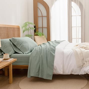 BESTOUCH Queen Washed Cotton Linen Feel Sheet Set 4 Pcs Solid Green | 100% Pure Cotton With Linen-Like Texture, Lightweight Chic Solid Bedding, Ultra Soft Breathable For Daily Home Rest