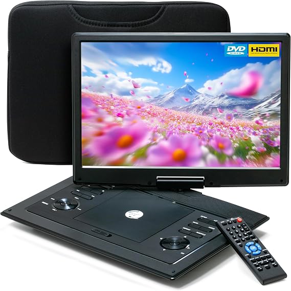 Portable DVD Player with 15.4 Swivel Screen, Rechargeable Battery, Remote Control, Car DVD Player with Dual Speakers, DVD Player Portable for Kids, Support CD/DVD/SD Card/USB, Include Storage Bag