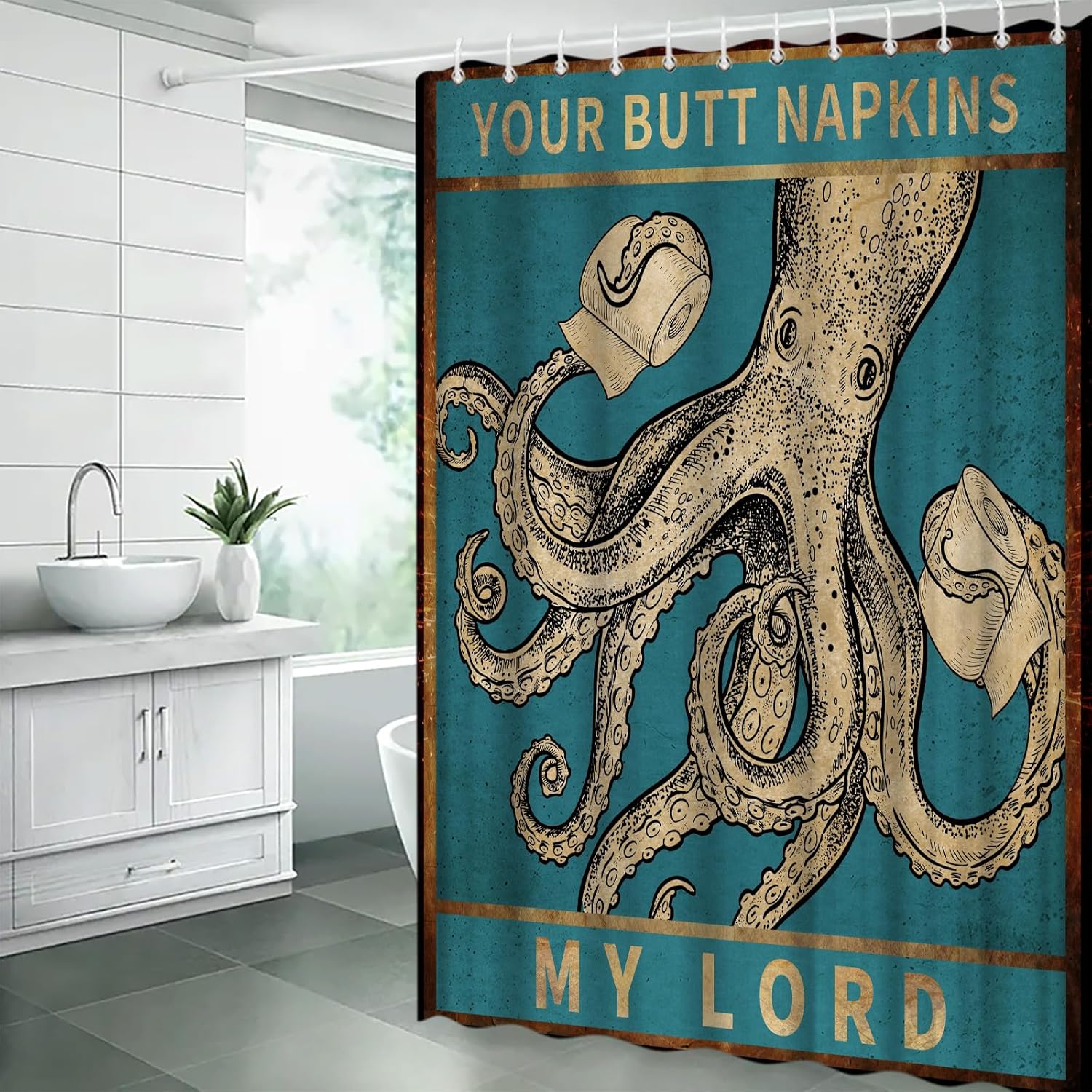 Octopus Nautical Extra Long Shower Curtain for Bathroom Decor,Retro Sea Kraken Tentacles Vintage Blue Funny Cool Ocean Animal Turquoise Beige Fabric Curtain with Hooks,70x84 Inch