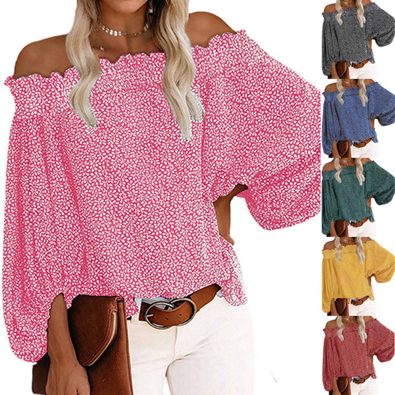 Schulterfreies Oberteil für Damen mit Blumendruck Lange Ärmel sexy Sommerhemden schulterfreie Oberteile für Damen schulterfreie Blusen T-Shirts V-Ausschnitt Hemdbluse Schulterfreies Chiffonhemd