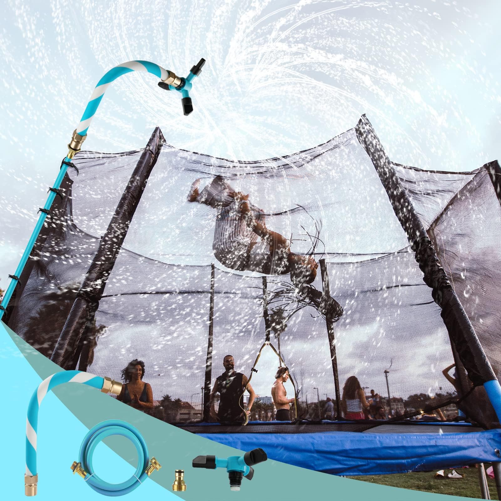 Trampoline Sprinkler, Net Friendly Trampoline Water Sprinkler for Kids, 360° Rotating Sprinkler for Trampoline, 5 Minutes Quick Setup Trampoline Accessories for 10-16ft Trampoline,Blue