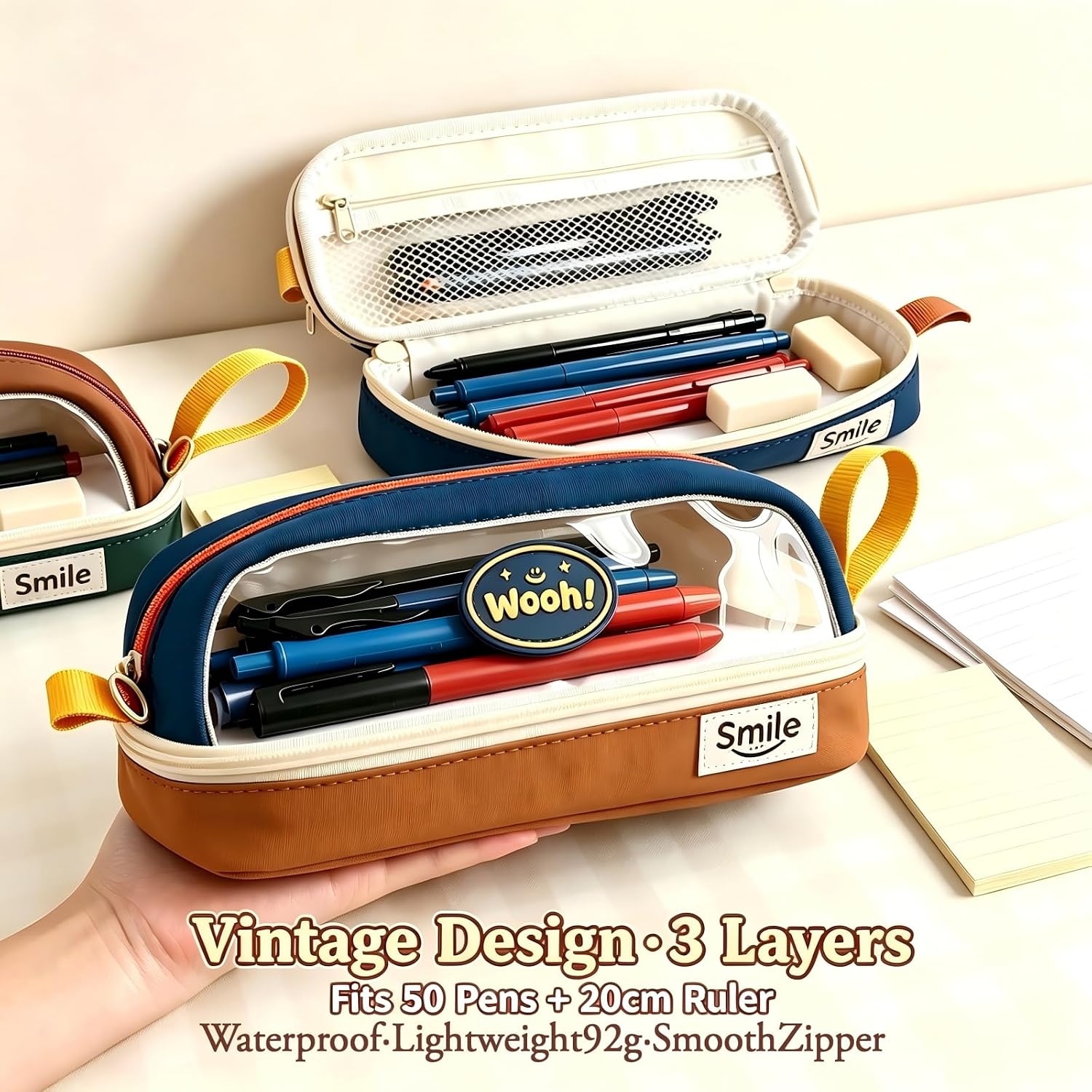 Large Pencil Case with Multiple Pockets，Pencil Pouch Bag, Blue image 2
