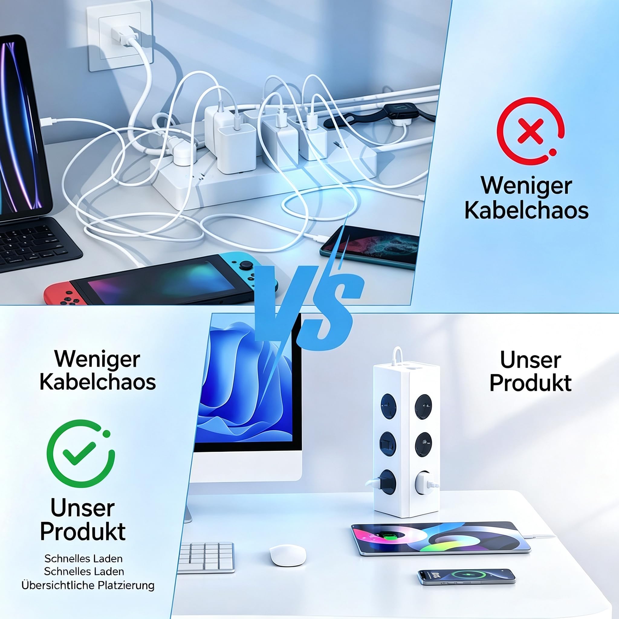 12 Fach Mehrfachsteckdose mit 2 USB-C und 2 USB-A Mehrfachstecker