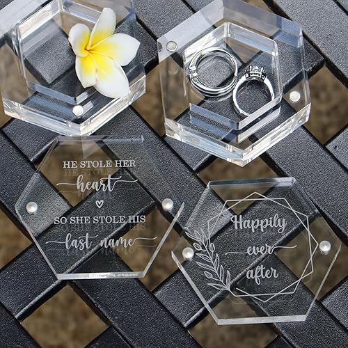 Miniatura 6 de Cajas grabadas para anillos de boda para ceremonia, caja de acrílico para compromiso de propuesta de boda (Hexágono C)