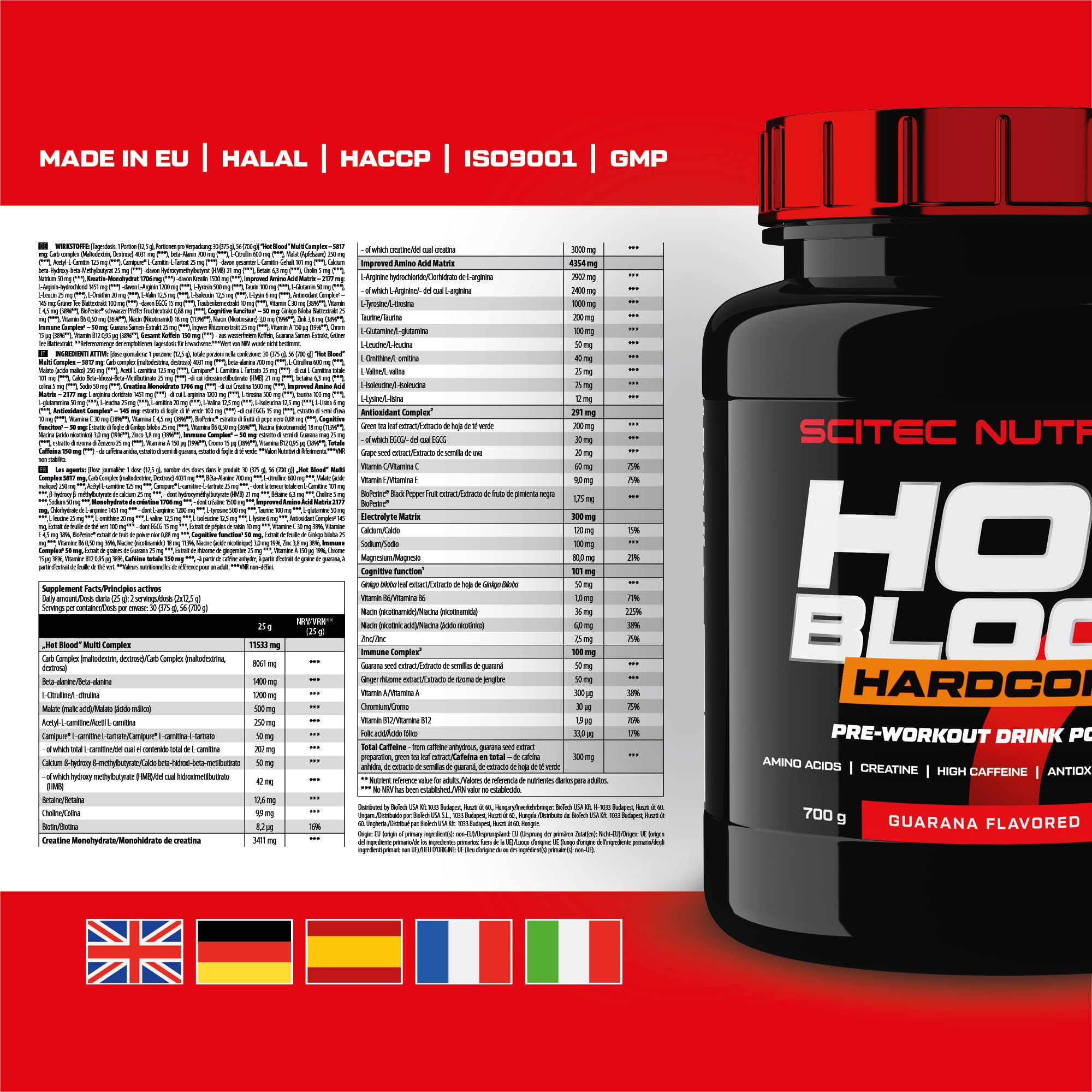 Scitec Nutrition Hot Blood Hardcore, Bevanda pre-allenamento in polvere con aminoacidi e creatina, 700 g, Guaranà