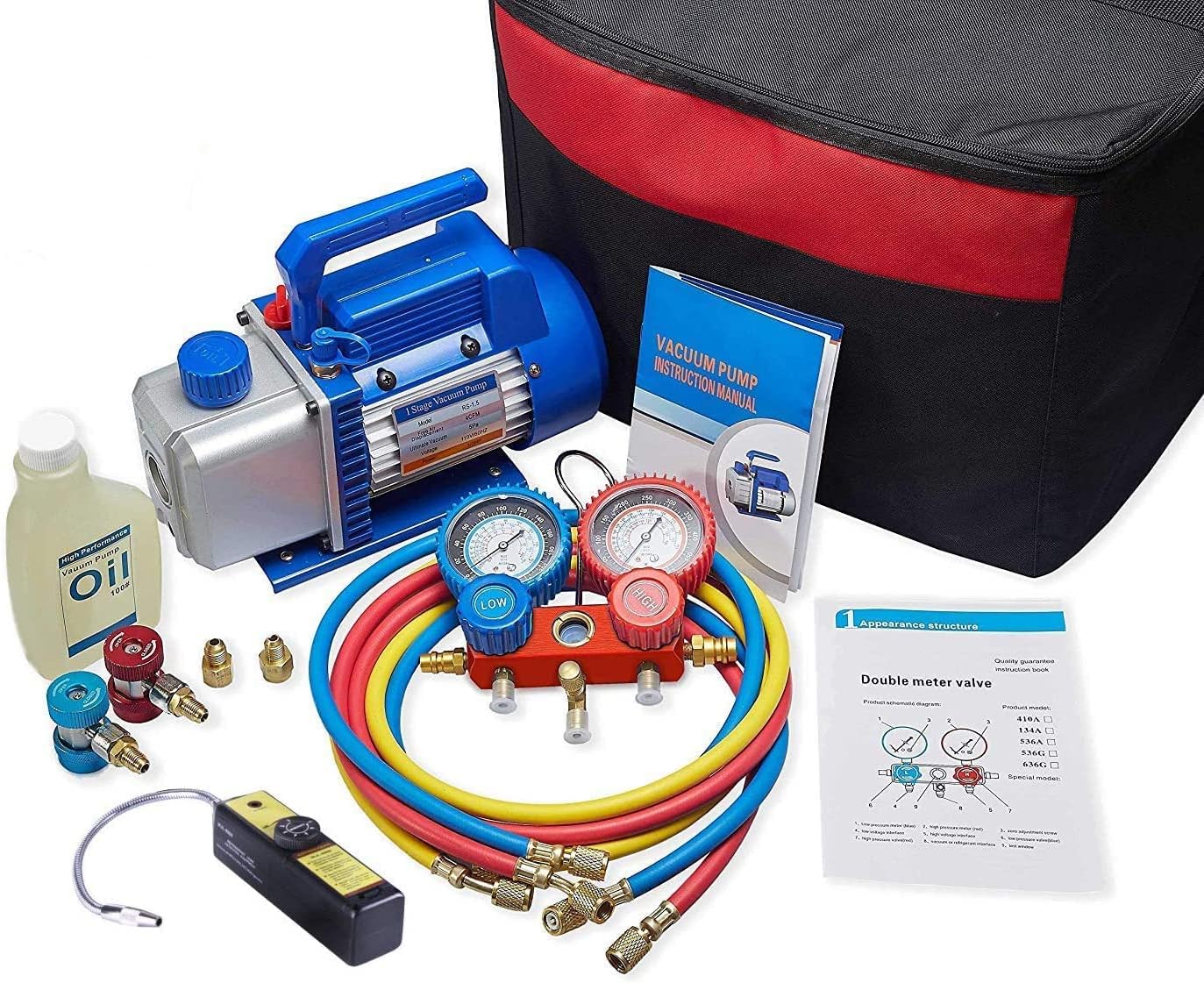 NewPosition 4CFM 1/3HP Air Vacuum Pump HVAC A/C Refrigeration Tool Kit AC with Leak Detector, Auto Repair Equipment, Manifold Gauge Set(R134A R22), 3 Hoses, Ideal for Food Packaging,Milking,Medical et
