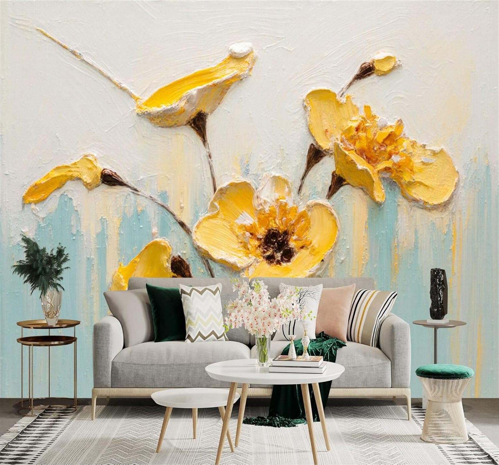 XLMING 3D Carta da Parati Disegnato A Mano Fiori Gialli Astratto Blu Arte