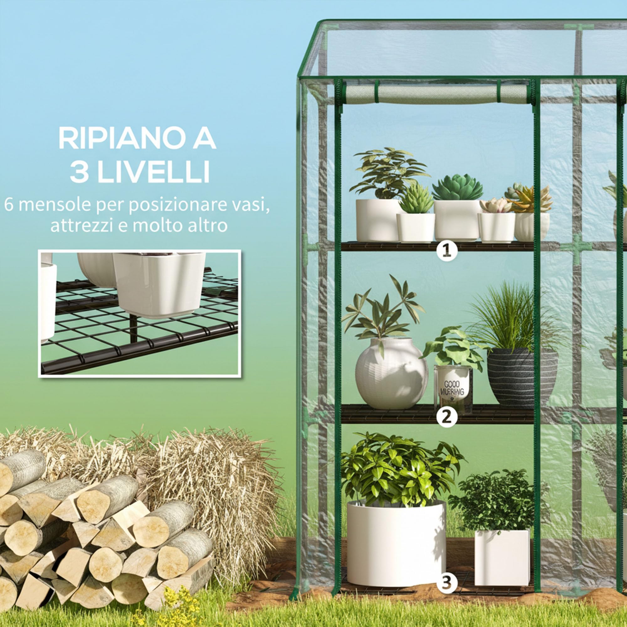 Outsunny Serra da Giardino 143x46x151cm con Struttura in Acciaio e Copertura Plastica, 6 Mensole a Rete, 2 Porte Avvolgibili, Serra per Orto Addossata per Verdure Fiori, Trasparente
