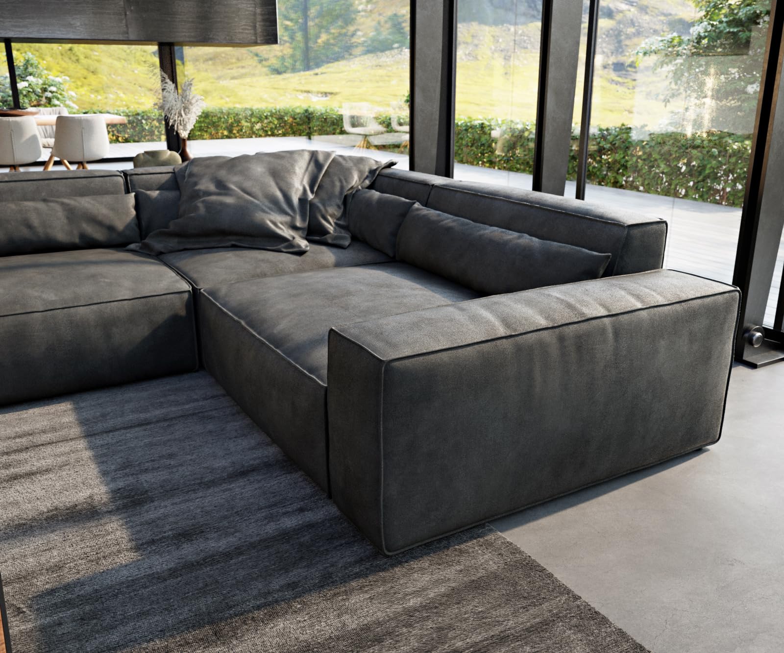 DELIFE Wohnlandschaft Sirpio XL Lederimitat Vintage Anthrazit 360x260 cm Recamiere variabel