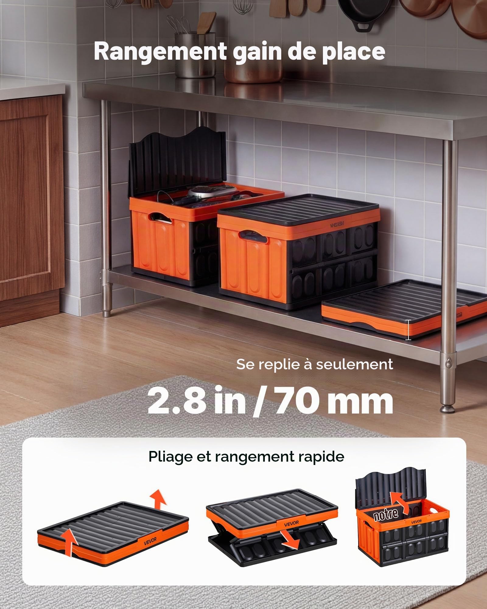 VEVOR Caisse Plastique Pliable avec Couvercle 45 L, Lot de 3, Bac de Rangement Pliable et Empilable avec Poignées, Charge Max. 20 kg par Caisse pour Maison, Camping, Voiture et Courses, Noir et Orange