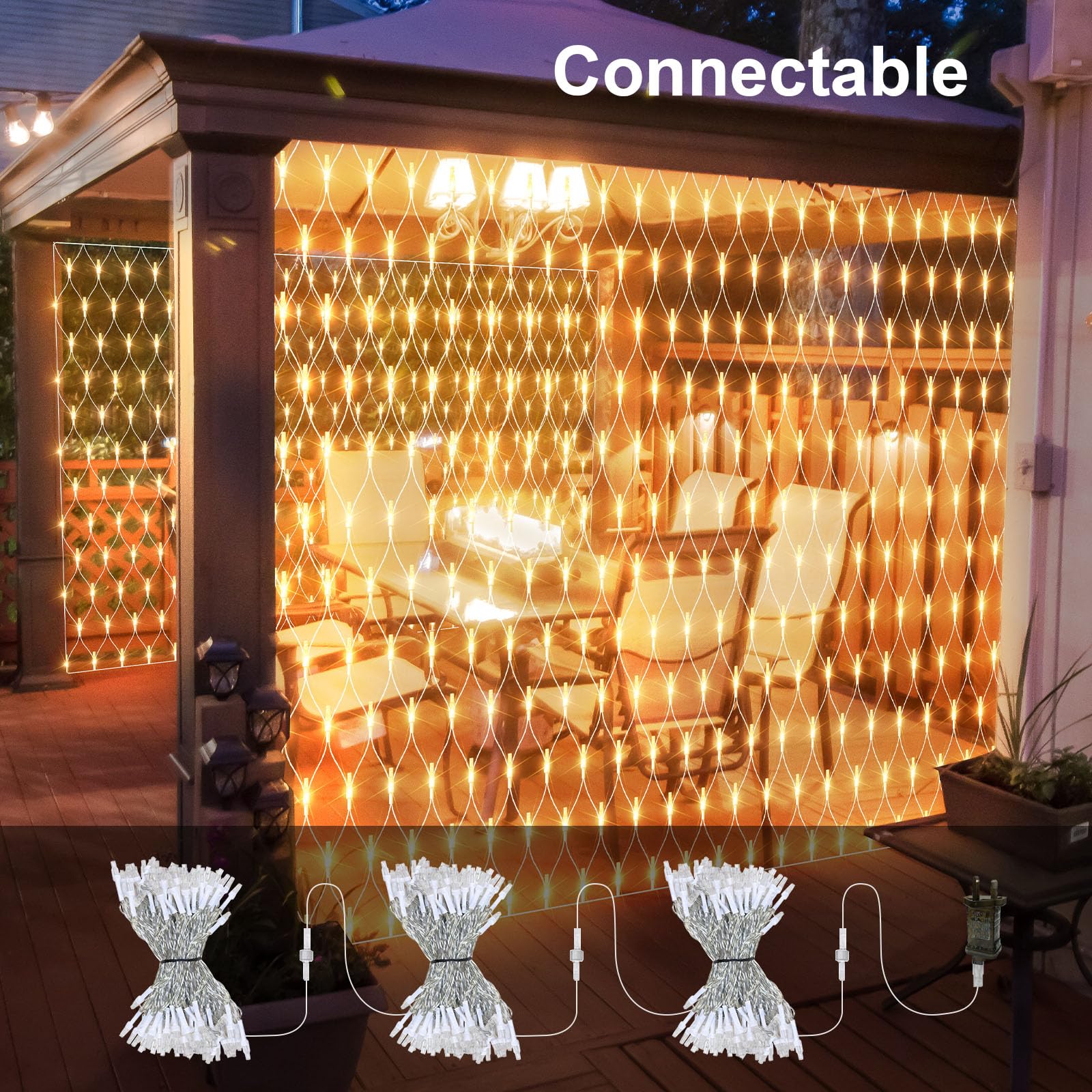 THKFUL 6x3M Lichternetz Außen mit Stecker- Lichterkette Netz mit Fernbedienung Timer- Kristall 408LED Garten Baum lichterkette Aussen-Wasserdichte für Büsche Zaun, Hinterhof(Warmweiß) (Packung mit 6)