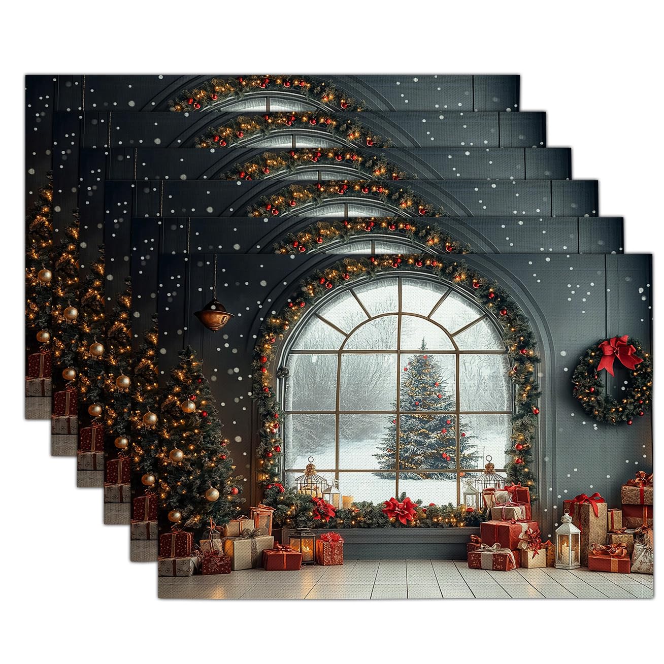 Set de table Noël lin au motif de fenêtres cintrées