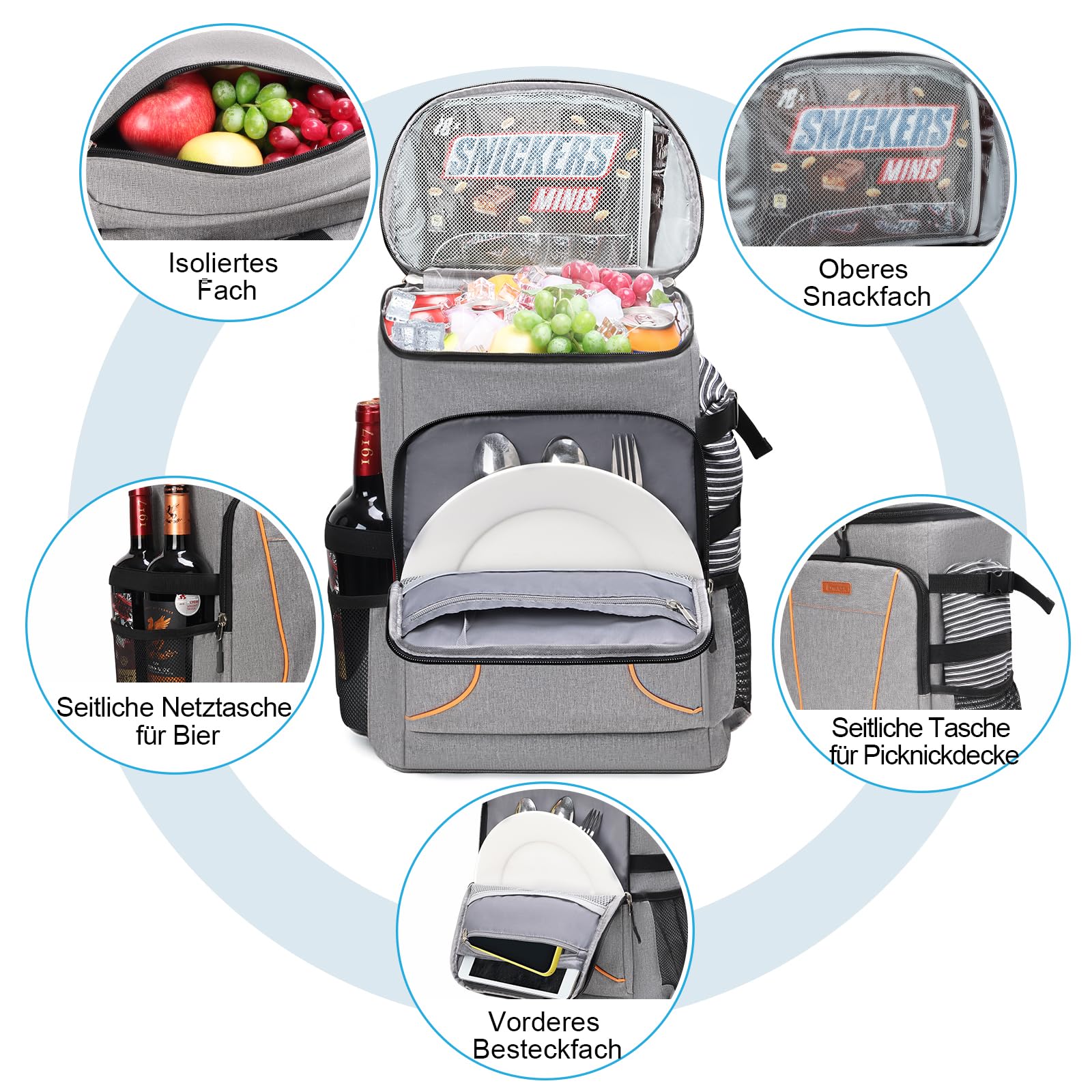 Estarer Sac à dos isotherme, 35 l, étanche, avec décapsuleur, pour le camping, la randonnée et la plage, gris clair