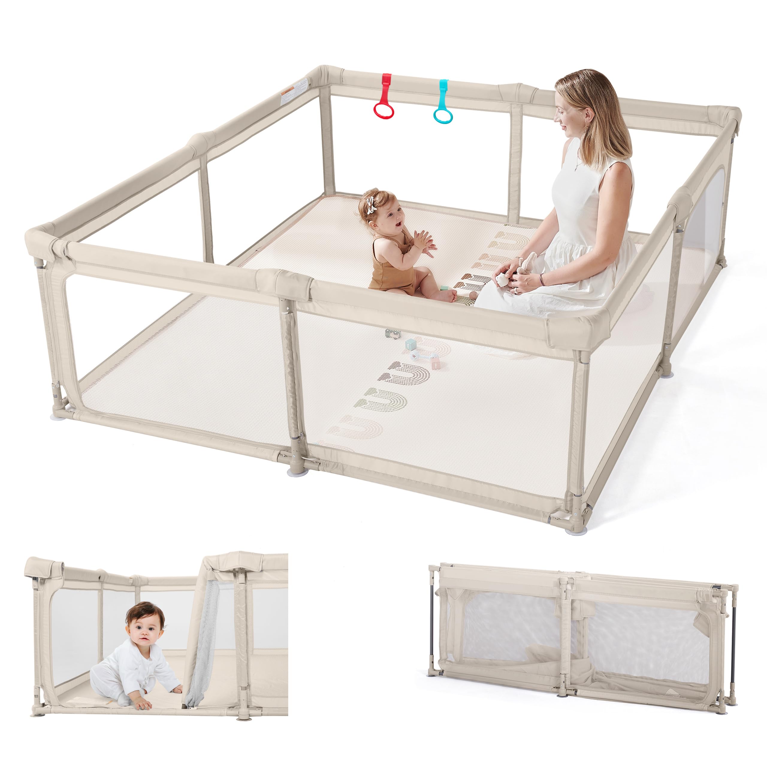 Doradotey Foldable Baby Playpen 200 × 180 cm with Walk-in Door, Large Playpen for Babies & Toddlers 0–3 Years, Tool-Free Assembly, 360° Breathable Mesh Play Yard, Indoor Playpen, Beige