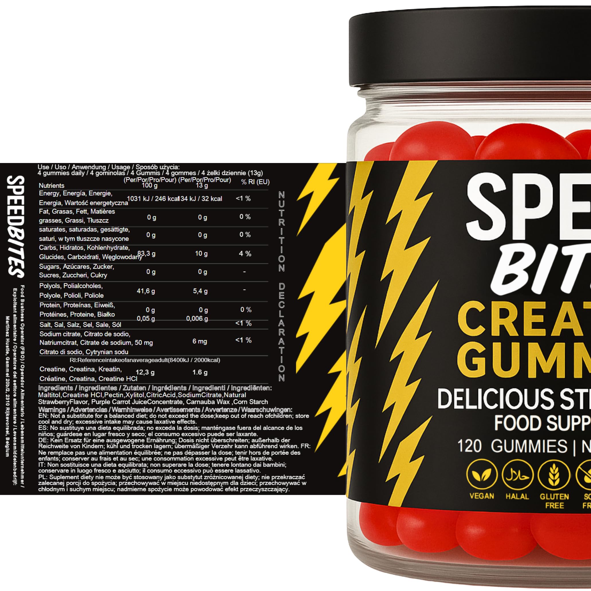 Kreatyna HCl Żelki – 1600 mg czystej Kreatyny HCl ≈ 5000 mg Monohydratu – Wegańskie, Bez Cukru, Wysoka Przyswajalność – Siła, Energia & Regeneracja – Produkcja UE – 120 Żelków