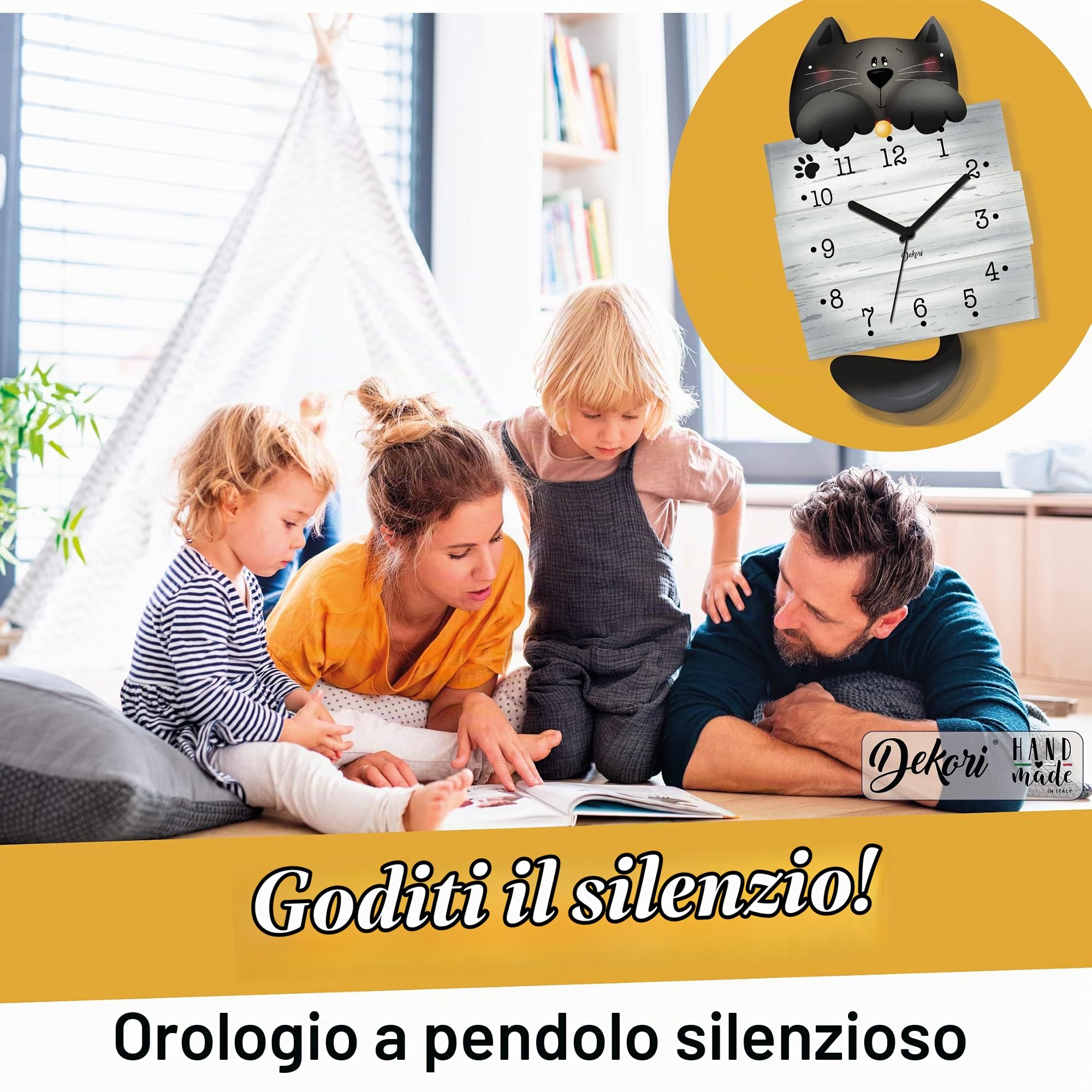 DEKORI Orologio da Parete con Pendolo – Design Gattino Nero, Silenzioso, Artigianale, in Legno per Cucina, Cameretta o Casa, 37x22 cm