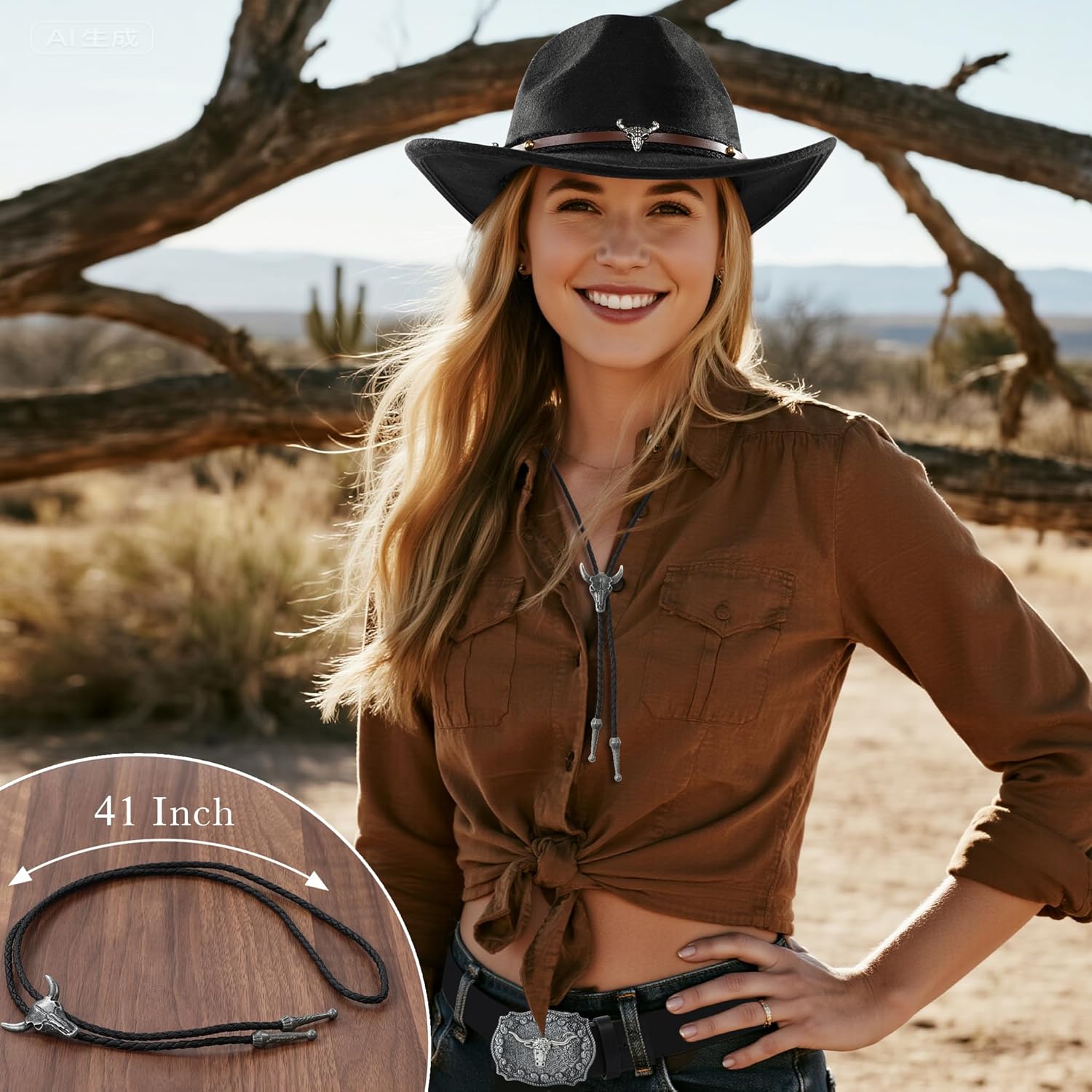 8 PCS Western Cowboy Costume Outfit for Men Cowboy Hat Belt Neck Gaiter Face Cover Accessories for Halloween Party Cosplay (Black) - Image 4