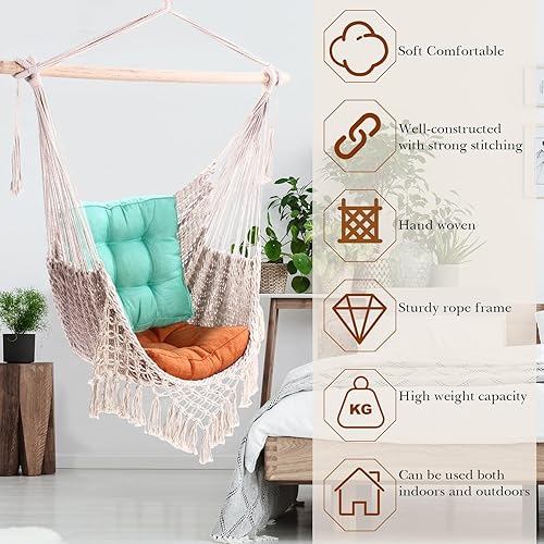 Miniatura 4 de Hamaca tejida a mano, 2 piezas, columpio de cuerda para colgar, máximo 330 libras, grande, para colgar, cuerda de algodón suave, para exteriores,