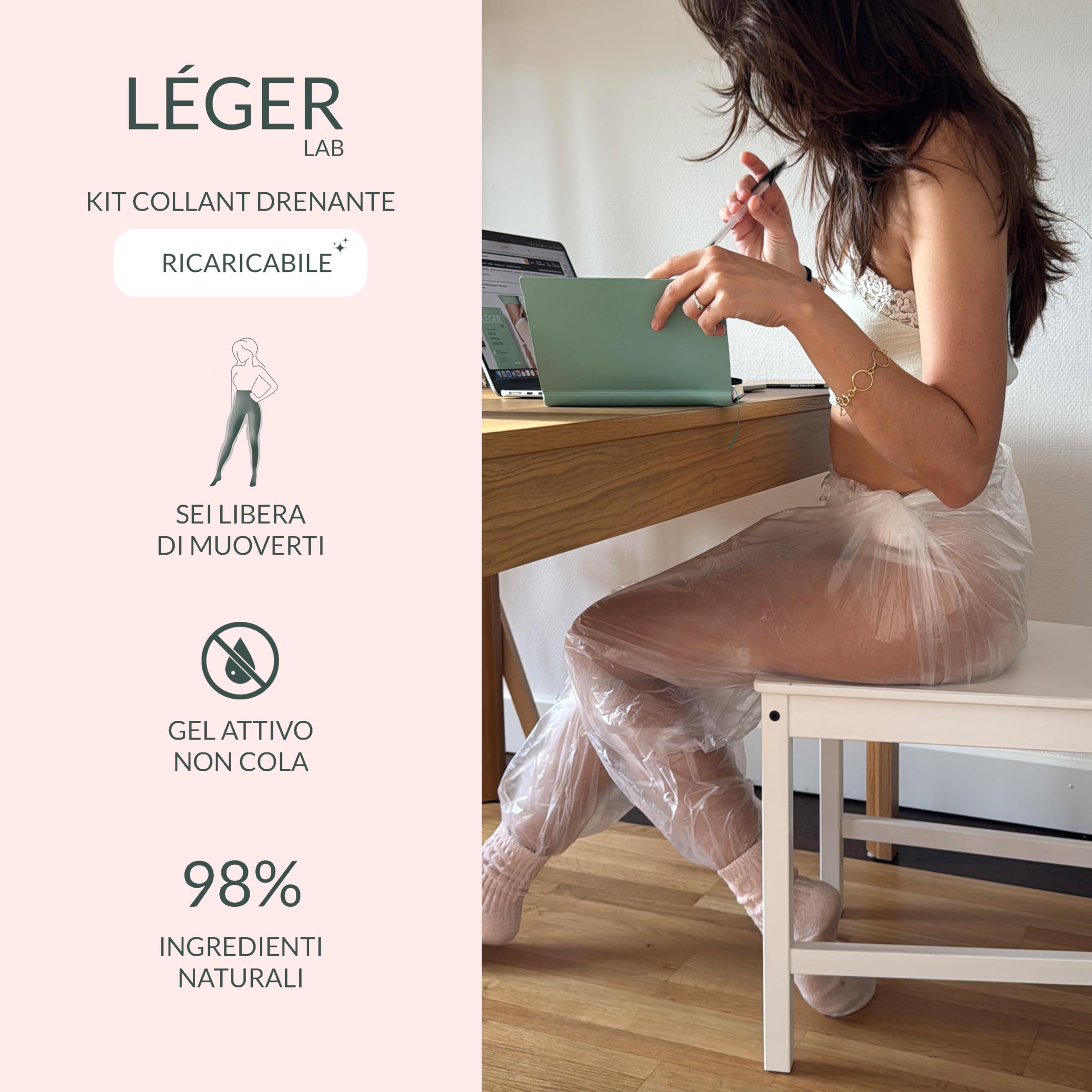 LÉGER LAB Collant Drenanti Anticellulite Ricaricabili - Gel Attivo ai Sali del Mar Morto - Leggins azione Snellente Drenante gambe con il 98% di ingredienti naturali - combatte Cellulite
