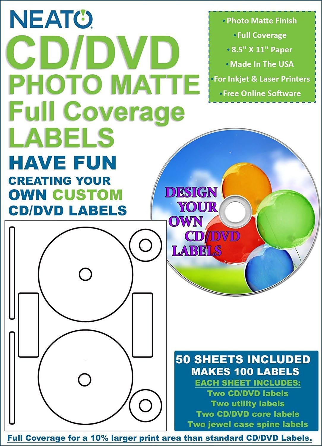 Neato CD/DVD PhotoMatte Full Coverage Labels โ 50 Sheets โ Makes 100 Labels - Online Design Software Included
