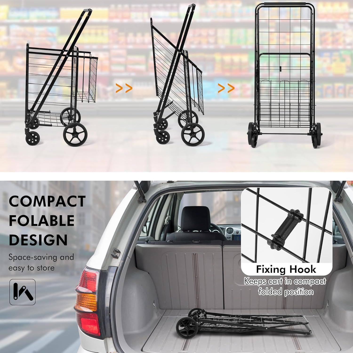 Folding Shopping Cart with Wheels & Double Basket Folding Utility Shopping Cart with Lining,Portable Lightweight Trolley 180 LBS Capacity for Grocery Laundry