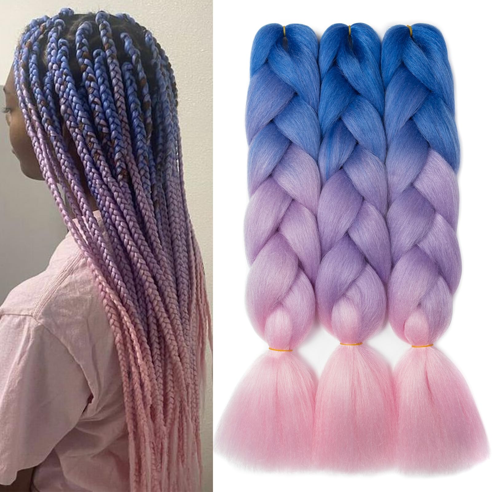 Dcbaboo Jumbo Braiding Hair Extensions 3packs 24inches, Blue-Purple-Pink, 24 inch 300g