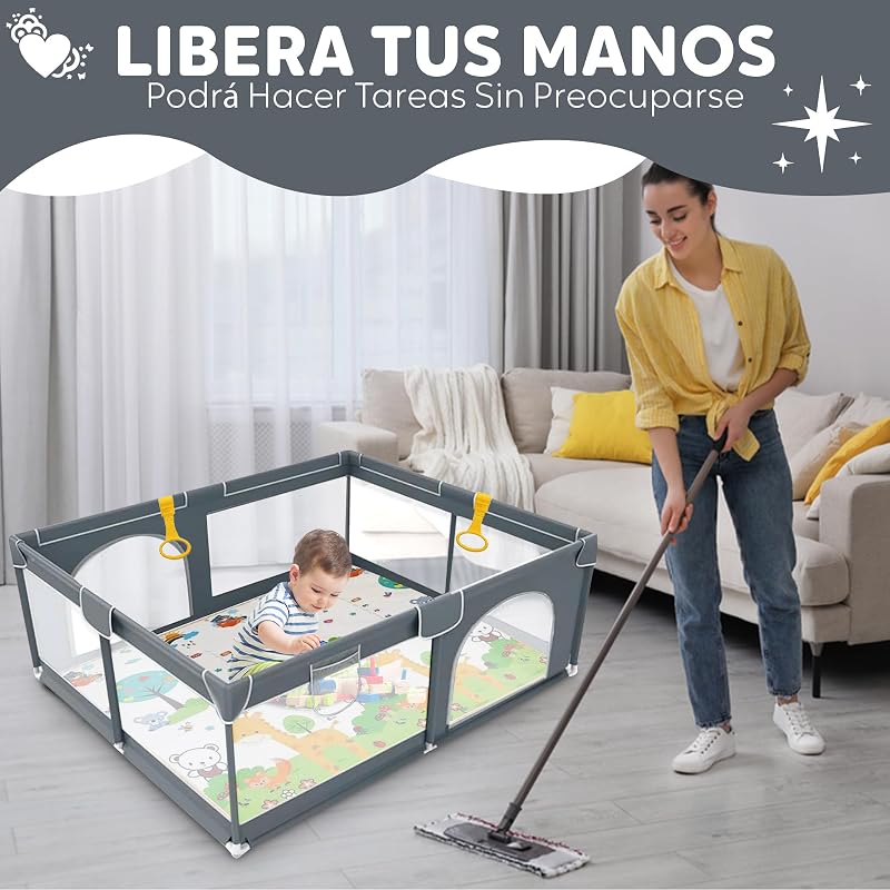 Baby Playpen 120x120 cm összecsukható játszópen szürke szőnyeggel és légáteresztő hálóval