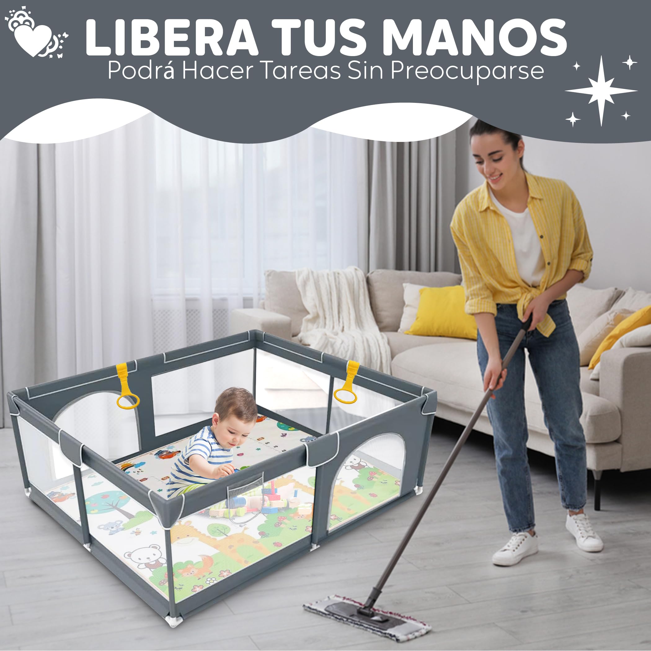 EveryKip® Parque Infantil Bebe Gris 120x120cm + Alfombra Suelo + Anillas + Bolsa Transporte Corralito Bebe Plegable Malla Transpirable Baby Playpen (Gris)