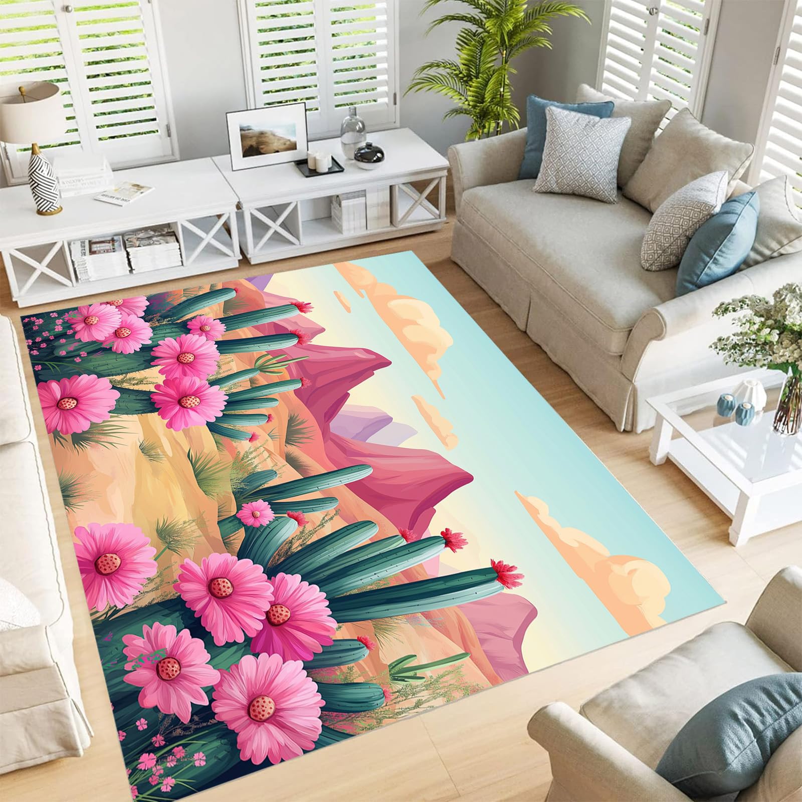 Tapis de salon 60x90cm à poils courts rose et motif désert fleuri