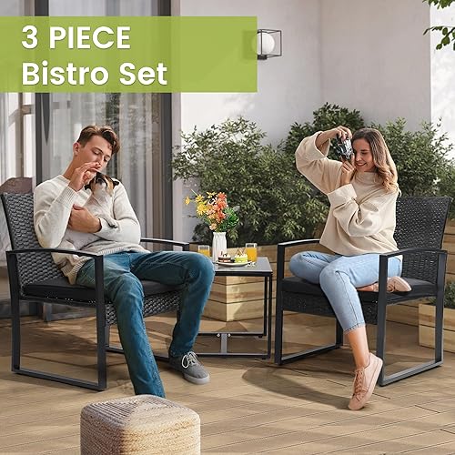 Miniatura 3 de juego de 3 piezas de mimbre para patio bistró, juego de conversación de ratán con mesa de café, para balcón, porche, jardín, patio, junto a la