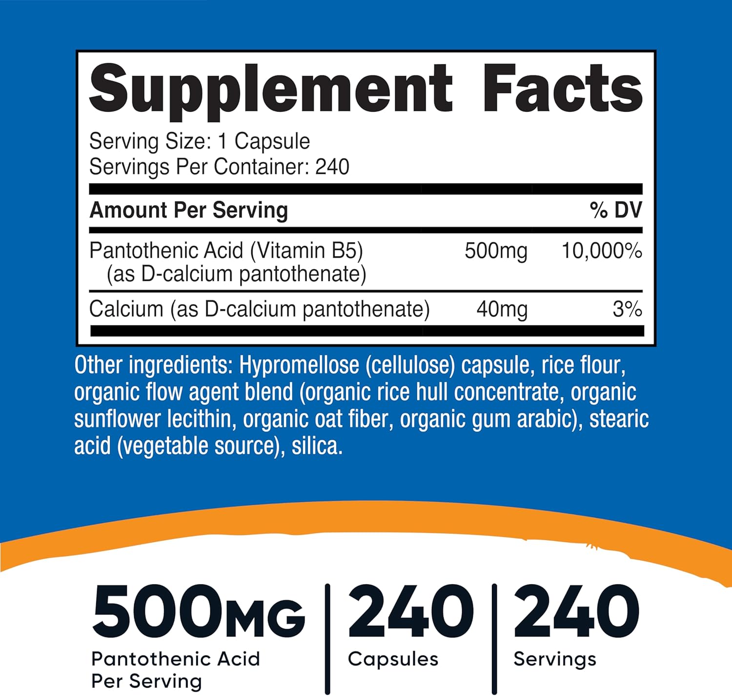 Nutricost Pantothenic Acid (Vitamin B5) 500mg, 240 Capsules - Image 2