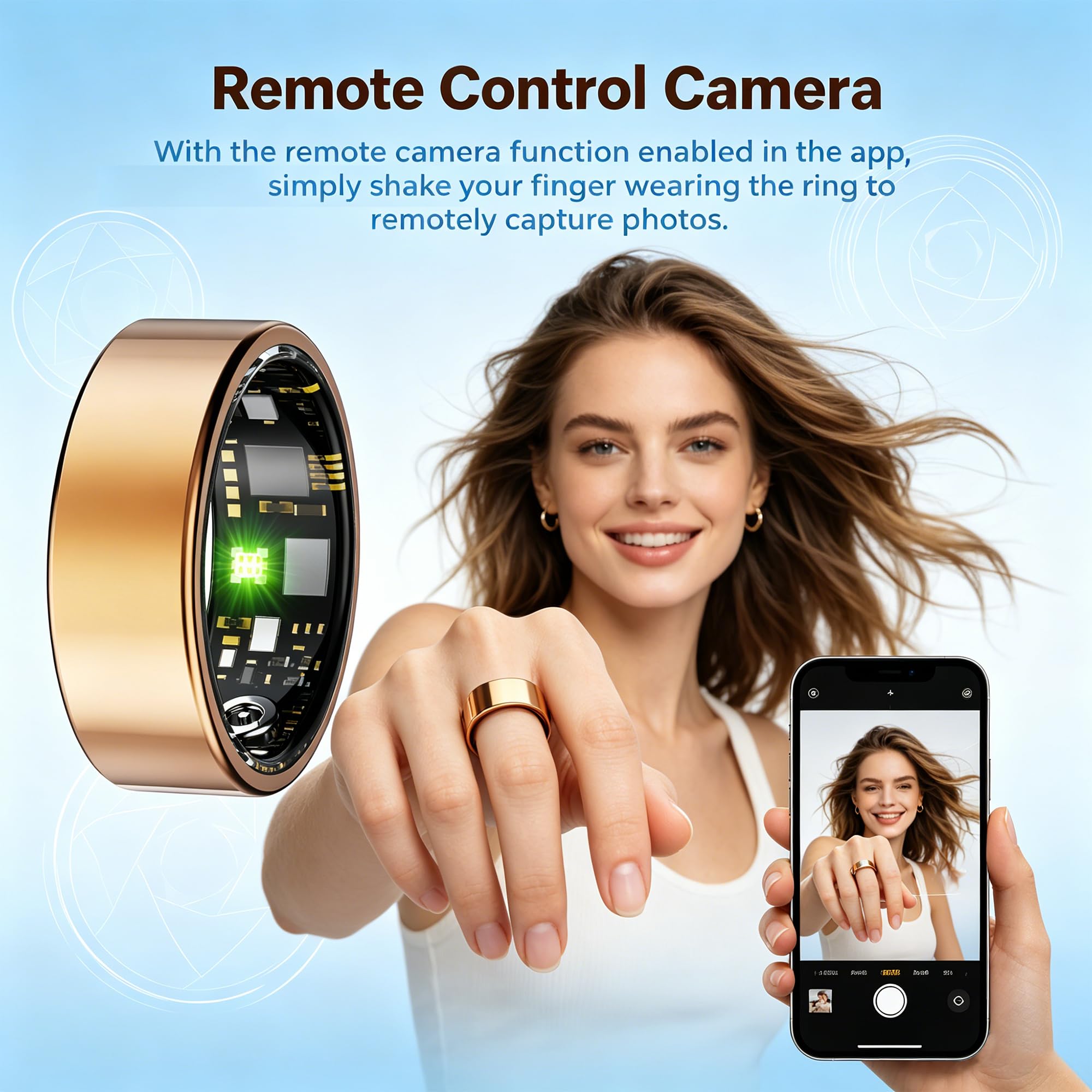 Smart Ring Moniteur de fitness et de santé pour homme et femme, moniteur de pas, étanche IP68, pas de frais d'abonnement, compatible avec iOS Android (doré, 8#)