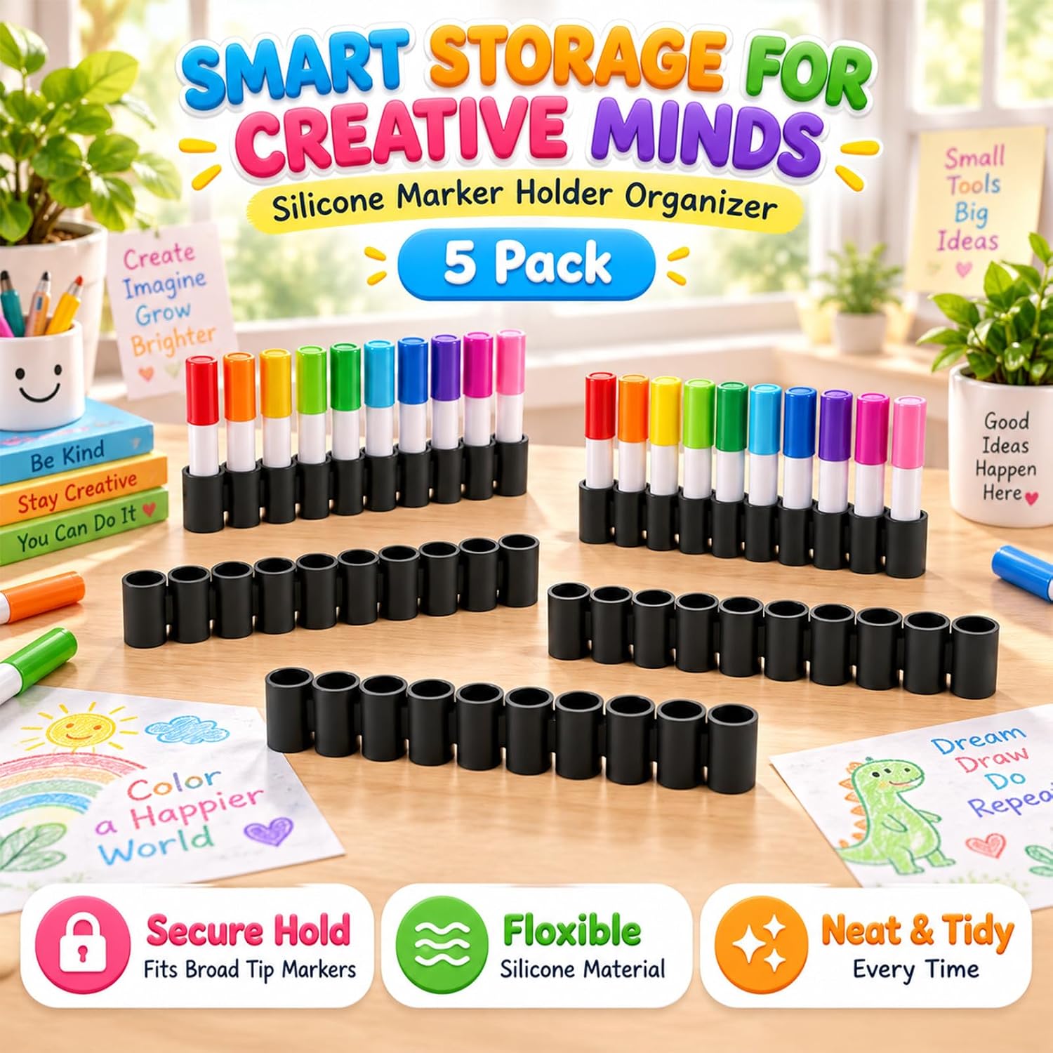 Silicone Marker Holders, 5 Pack Broad‑Tip Marker Organizer with Cap Storage, Flexible Art Supply Storage for Broadline Markers, Silicone Marker Organizer Clips for Artists, Classroom, Home (White) image 4