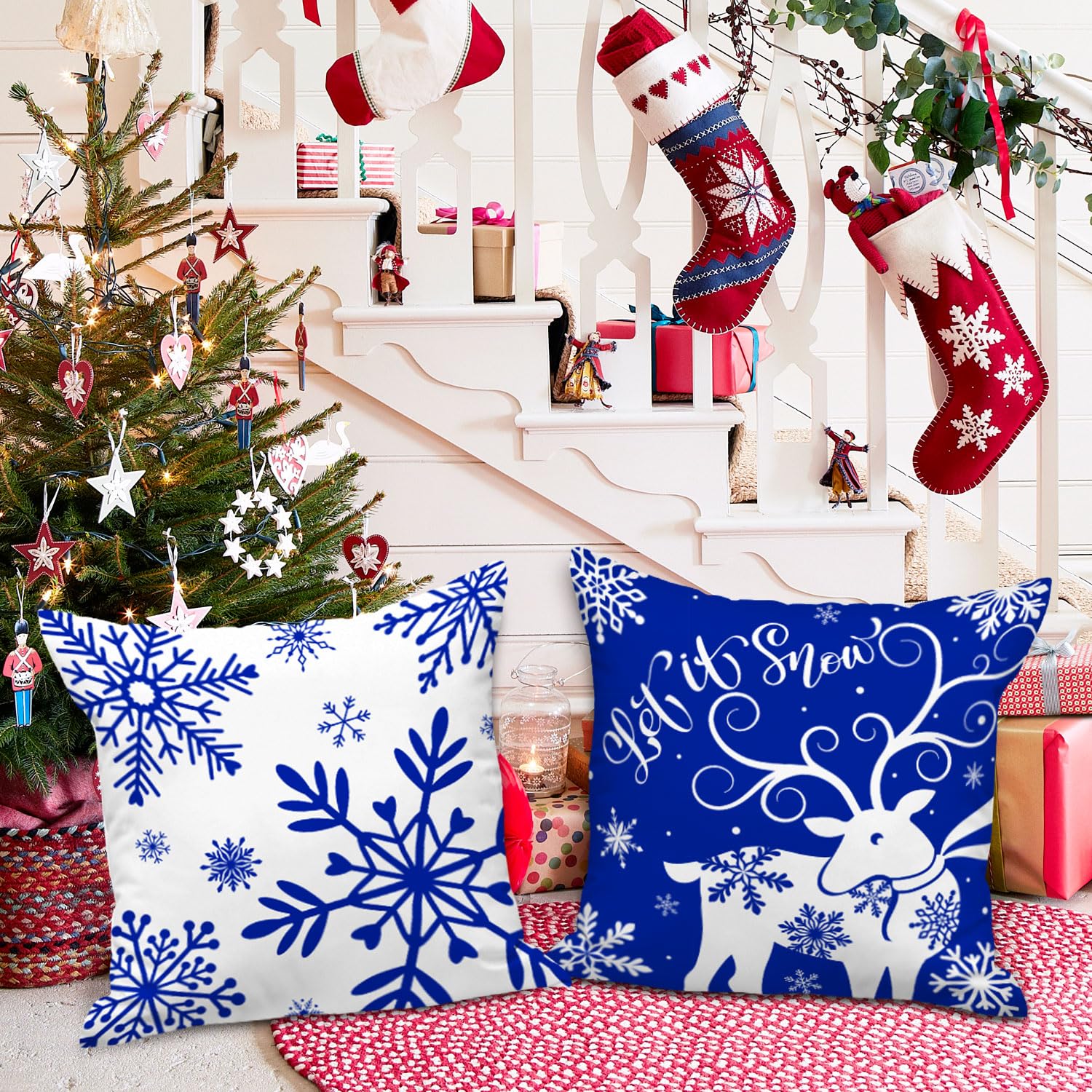 Lanpn White and Blue 45x45 Christmas Pillow Covers Set of 4 - Image 4