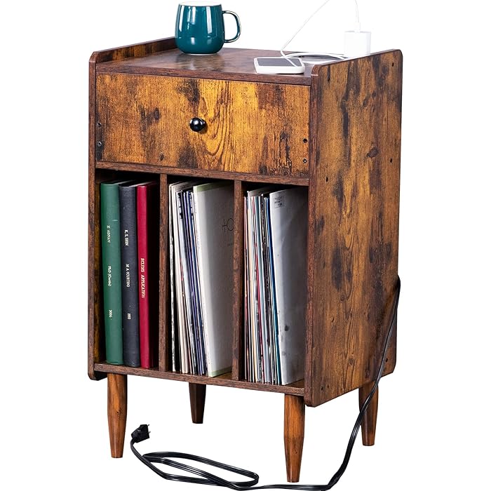 Buy Nightstand with Charging Station and USB Ports,Brown Record Player Stand,Night Stand 3 Cube