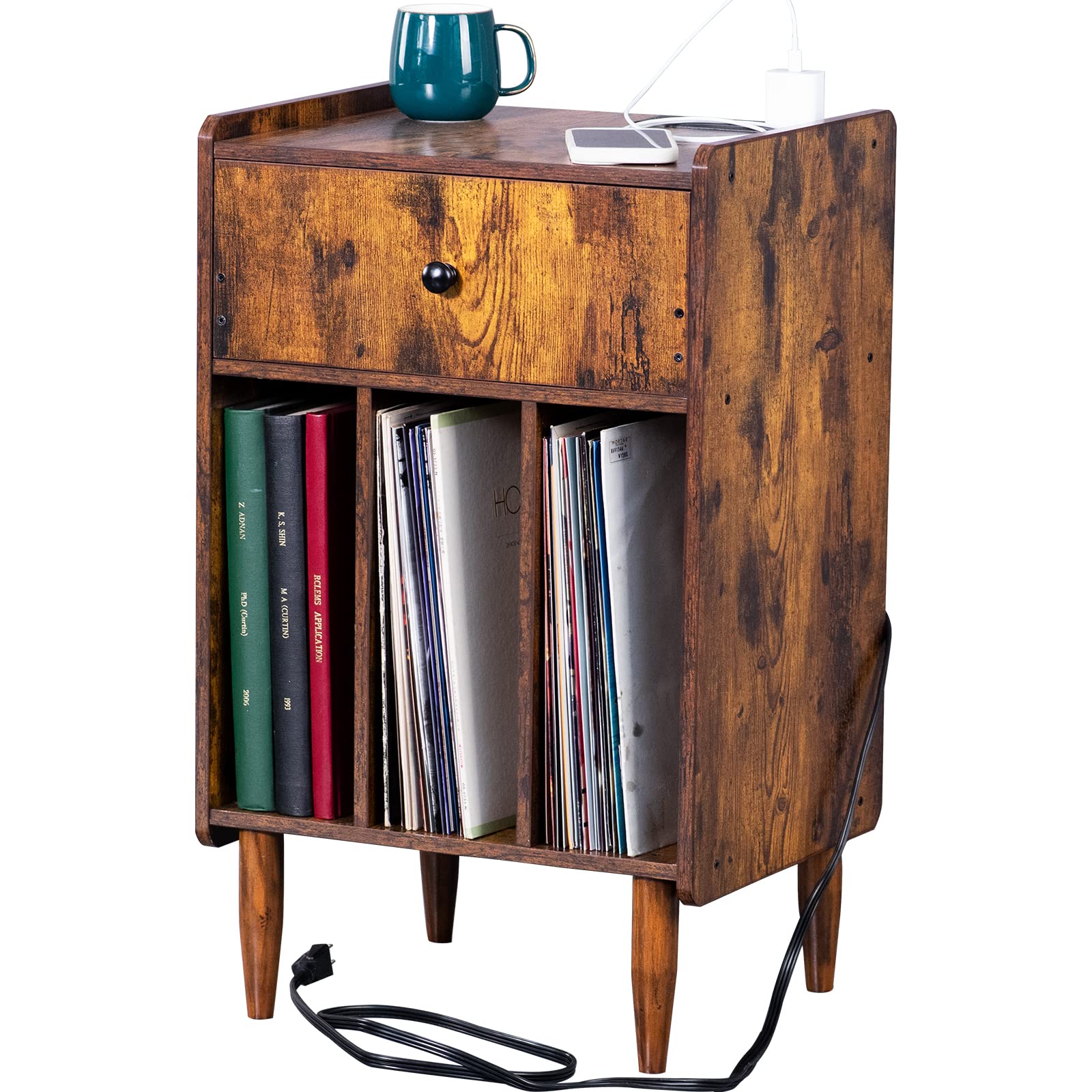 Buy Nightstand with Charging Station and USB Ports,Brown Record Player