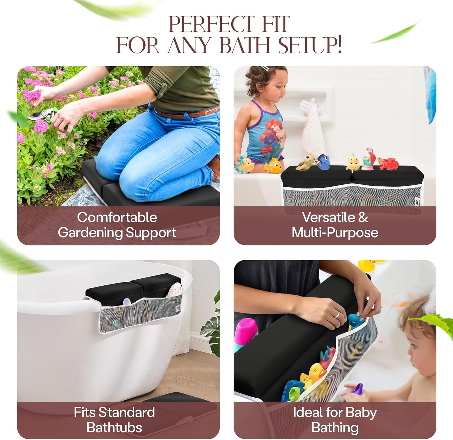 Baby Bath Kneeler & Elbow Rest Pad – Extra Thick Foam Pads for Comfort | Non-Slip, Machine Washable with Mesh Pockets & Suction Cups | Bonus Baby Brush & Washcloth – Thoughtful Gift for New Parents