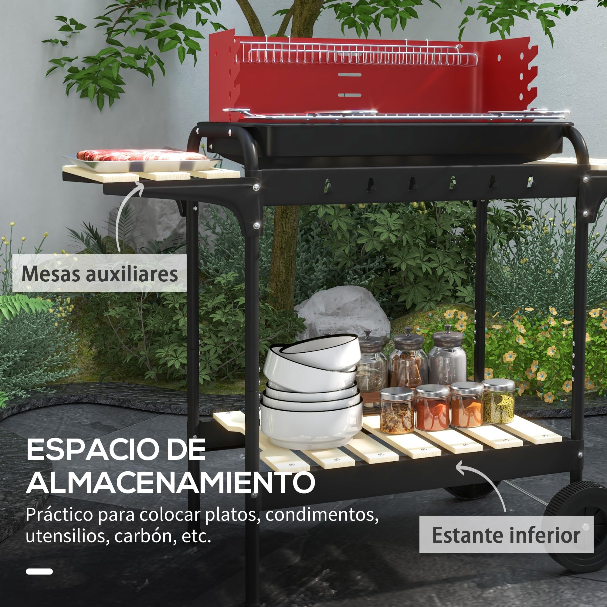 Outsunny Barbacoa de Carbón con Ruedas Barbacoa Portátil 103x47x95 cm con Parrilla Ajustable en Altura de 5 Niveles Estantes y 6 Ganchos para Pícnic Camping Rojo