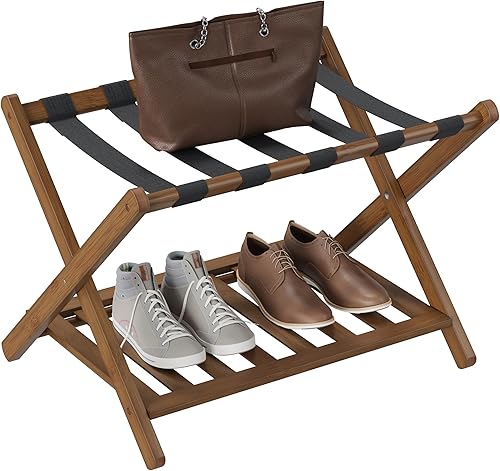 Miniatura 16 de Smuxee Portaequipajes de nogal totalmente montado, soporte de maleta plegable de bambú mejorado con 5 correas de nailon, soporte de equipaje